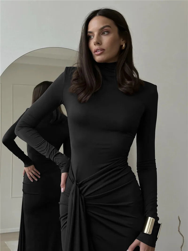 Turtleneck With Side Split And  Shoulder Pads Maxi Dress