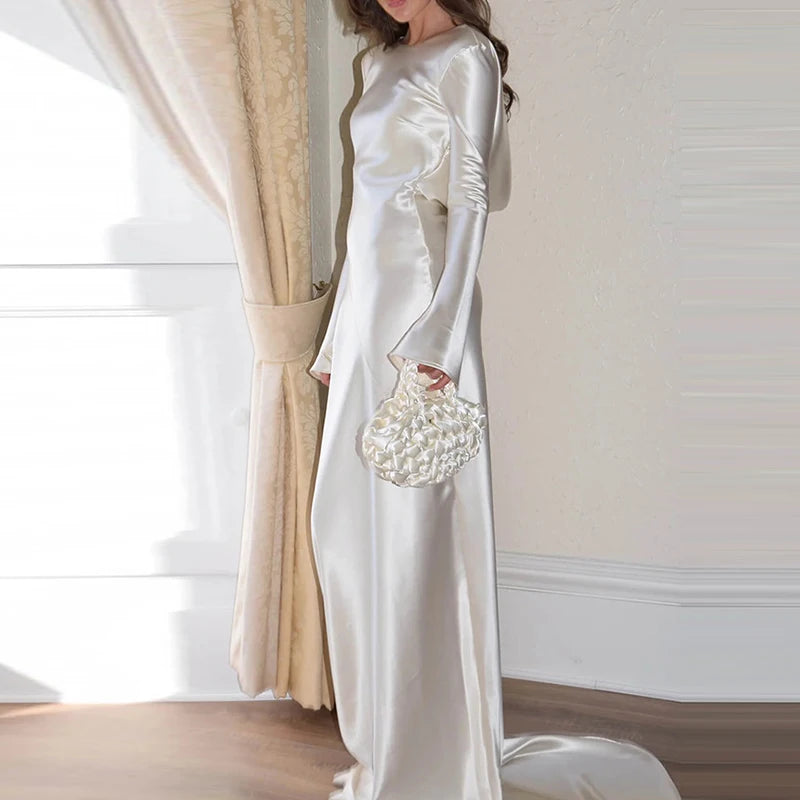 White Satin Long Sleeved Slim Evening Dress