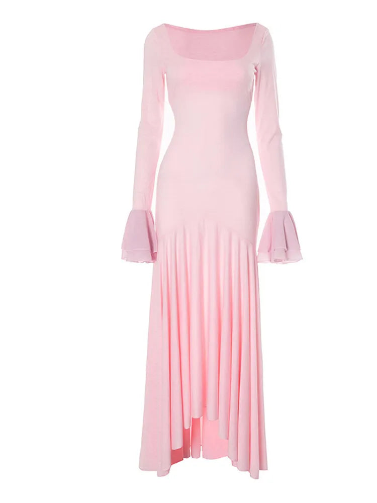 Pink Pleated Ruffle Slim Mermaid Maxi Dress Women