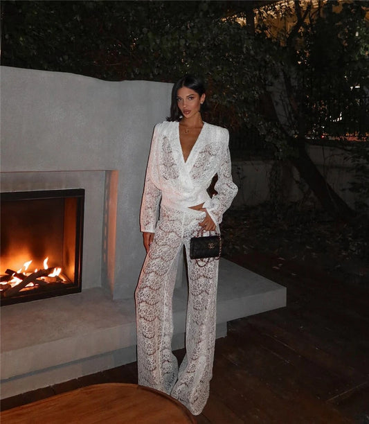 White Lace Two Piece Set Deep V Neck Long Sleeve Tops And Wide Pants