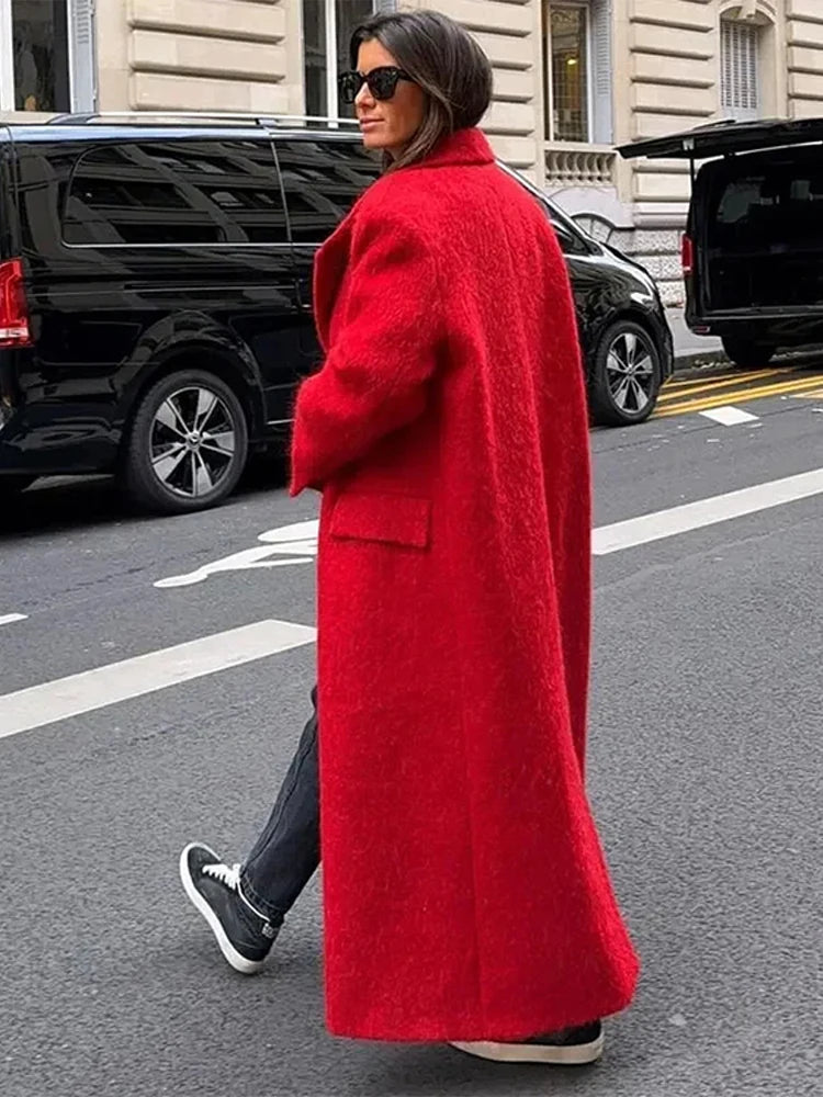 Red Lapel Long Wool Coat