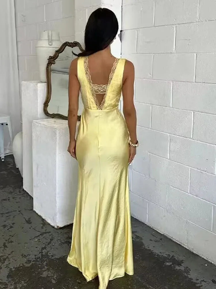 Satin and Lace Elegant Backless Long Dress