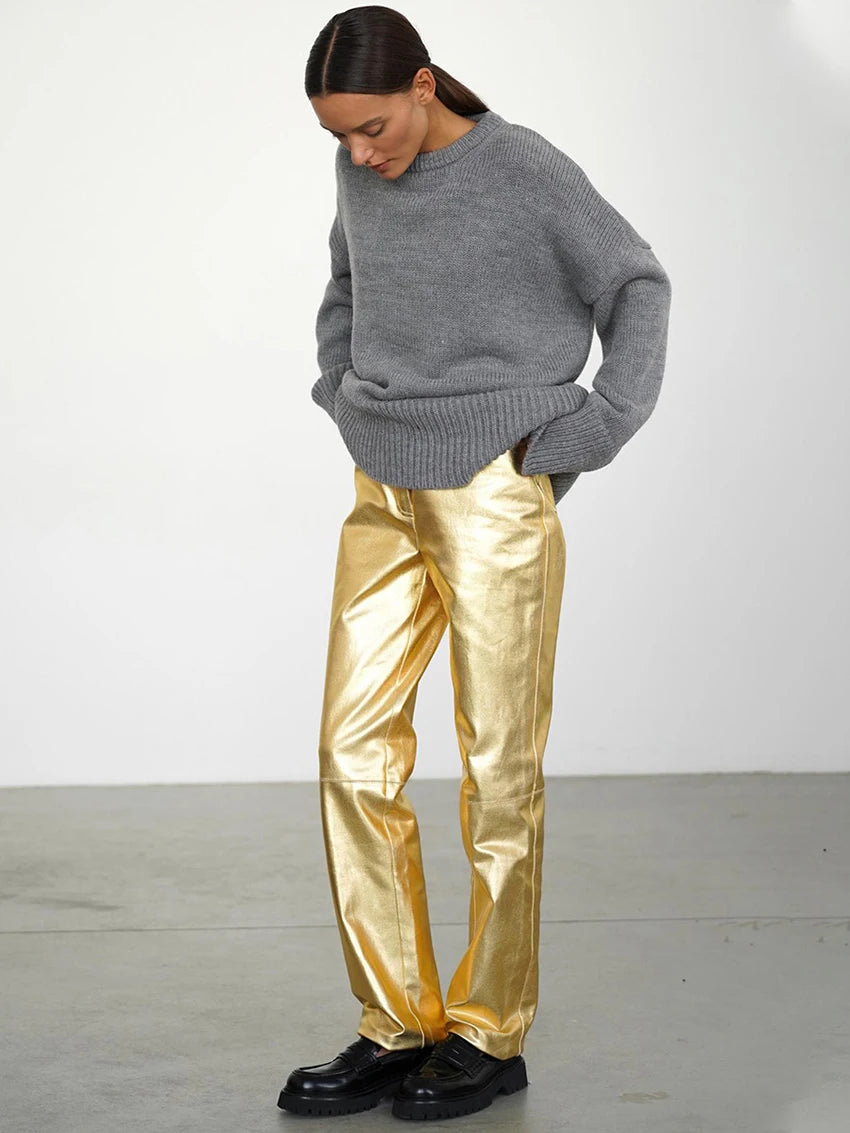 Waxed Leather Effect Golden Straight Pants