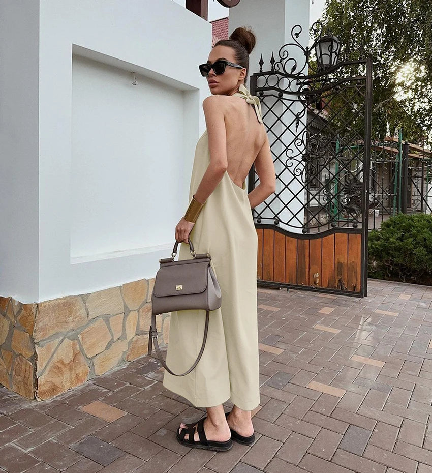 Halter Neck Khaki Sexy Backless Midi Dress