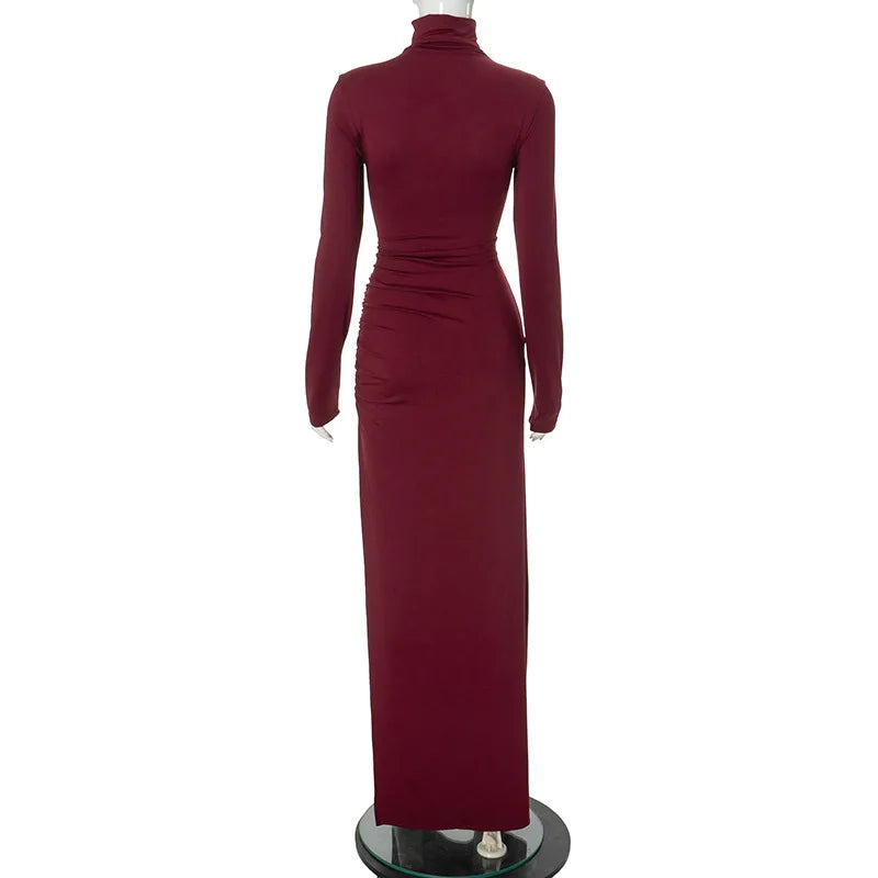 High Split Long Sleeve Maxi Dress Turtleneck