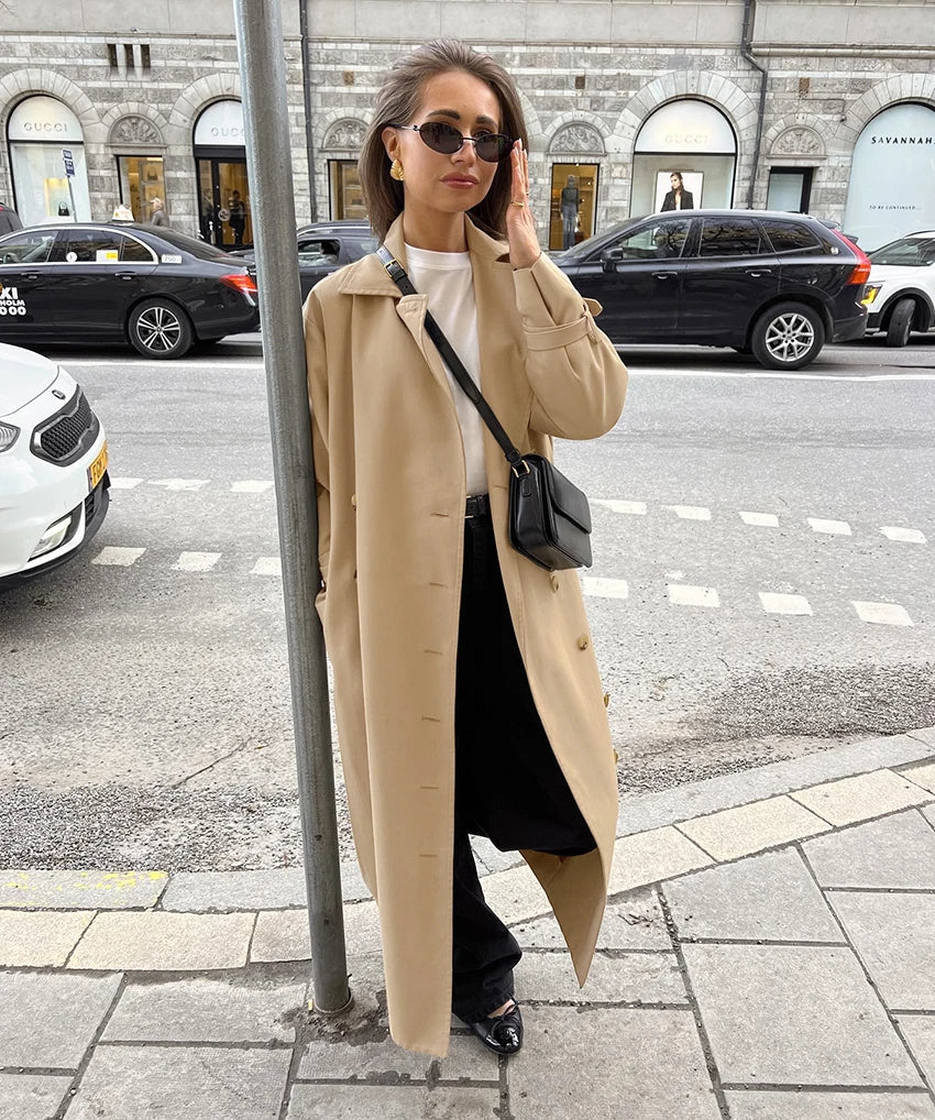 Double-Breasted Long Trench Coat