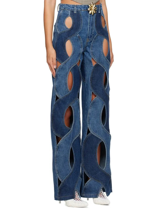 Wide Leg Cut Out Patchwork Jeans