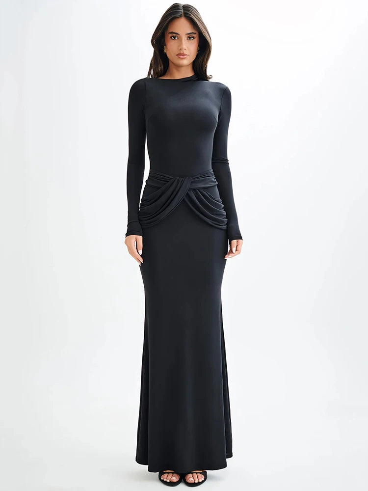 Boat Collar With Drapped Waist Long Sleeve Maxi Dress