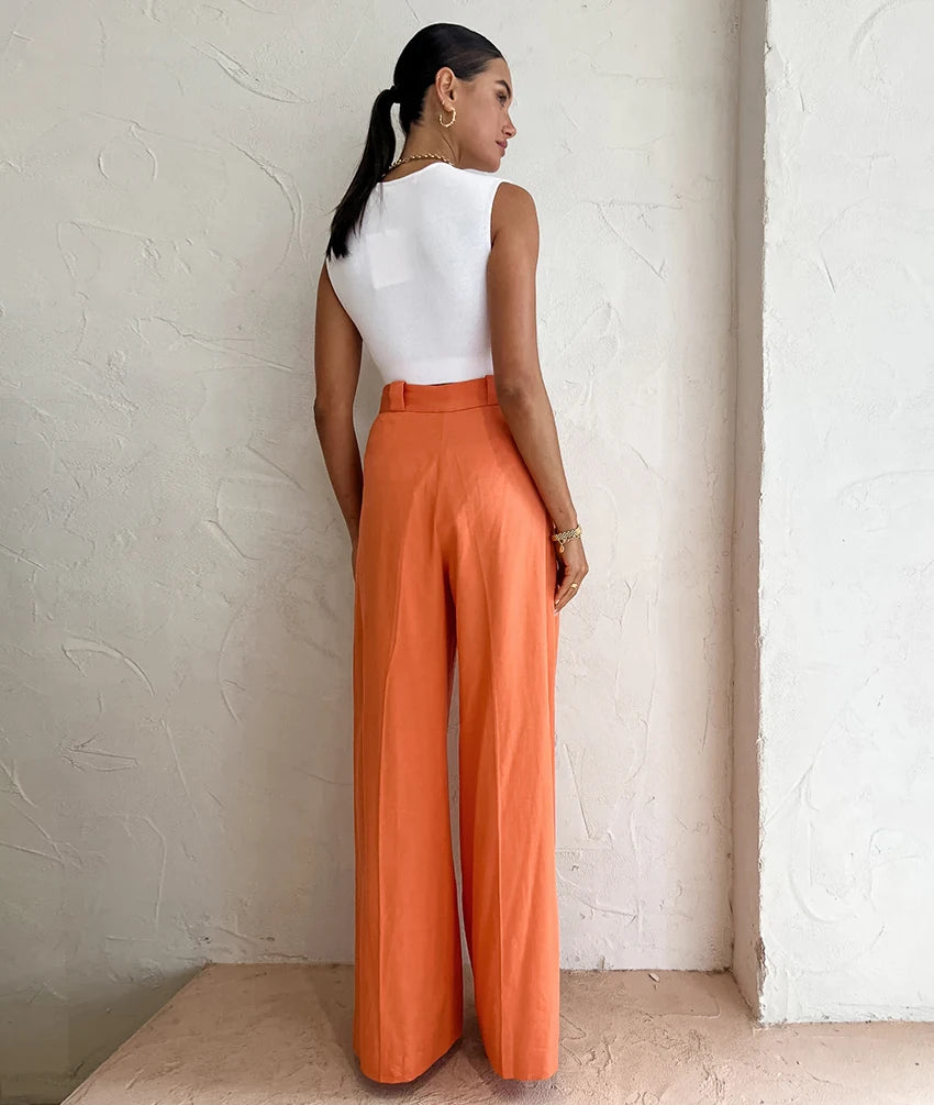 Elegant Orange High Waist Pants Pleated Wide Legs Cotton Linen