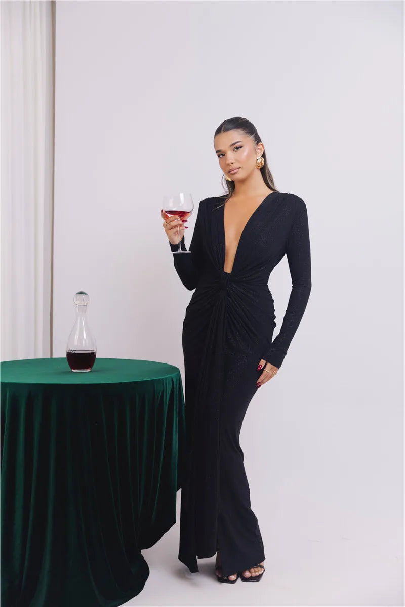 Lurex Deep V Neck Maxi Dress