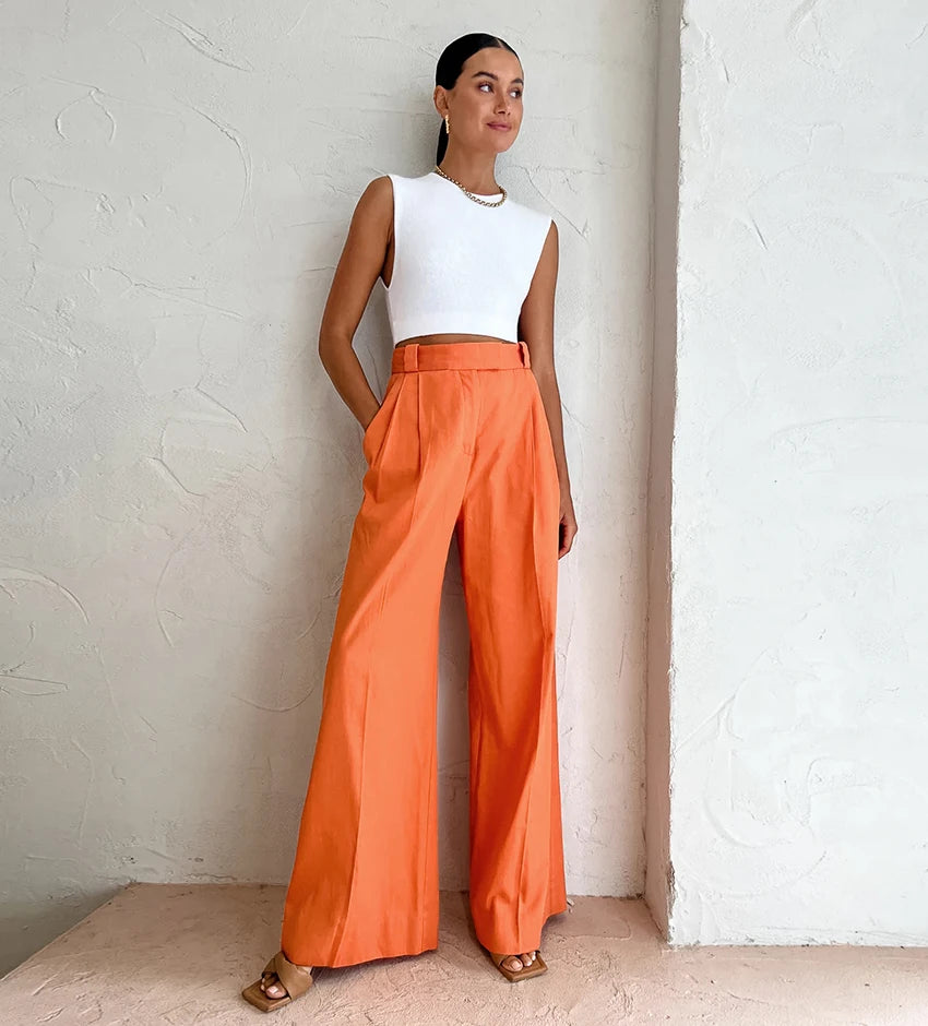 Elegant Orange High Waist Pants Pleated Wide Legs Cotton Linen