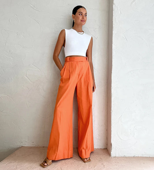 Elegant Orange High Waist Pants Pleated Wide Legs Cotton Linen