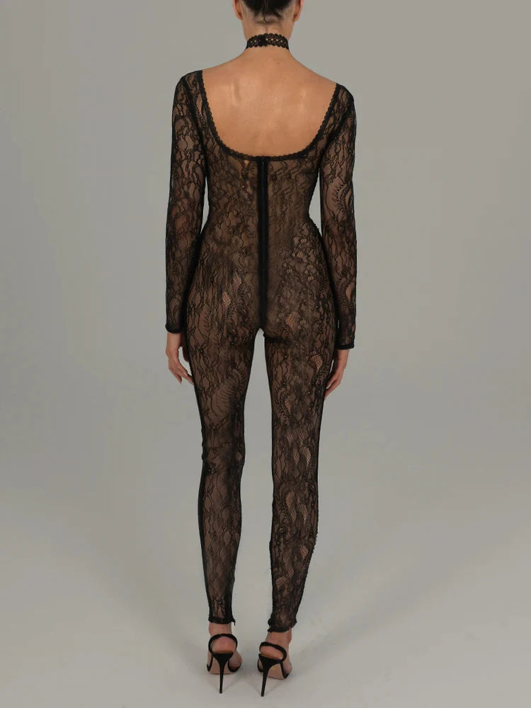 Lace Catsuit Long Sleeve Sexy Jumpsuit Square Collar