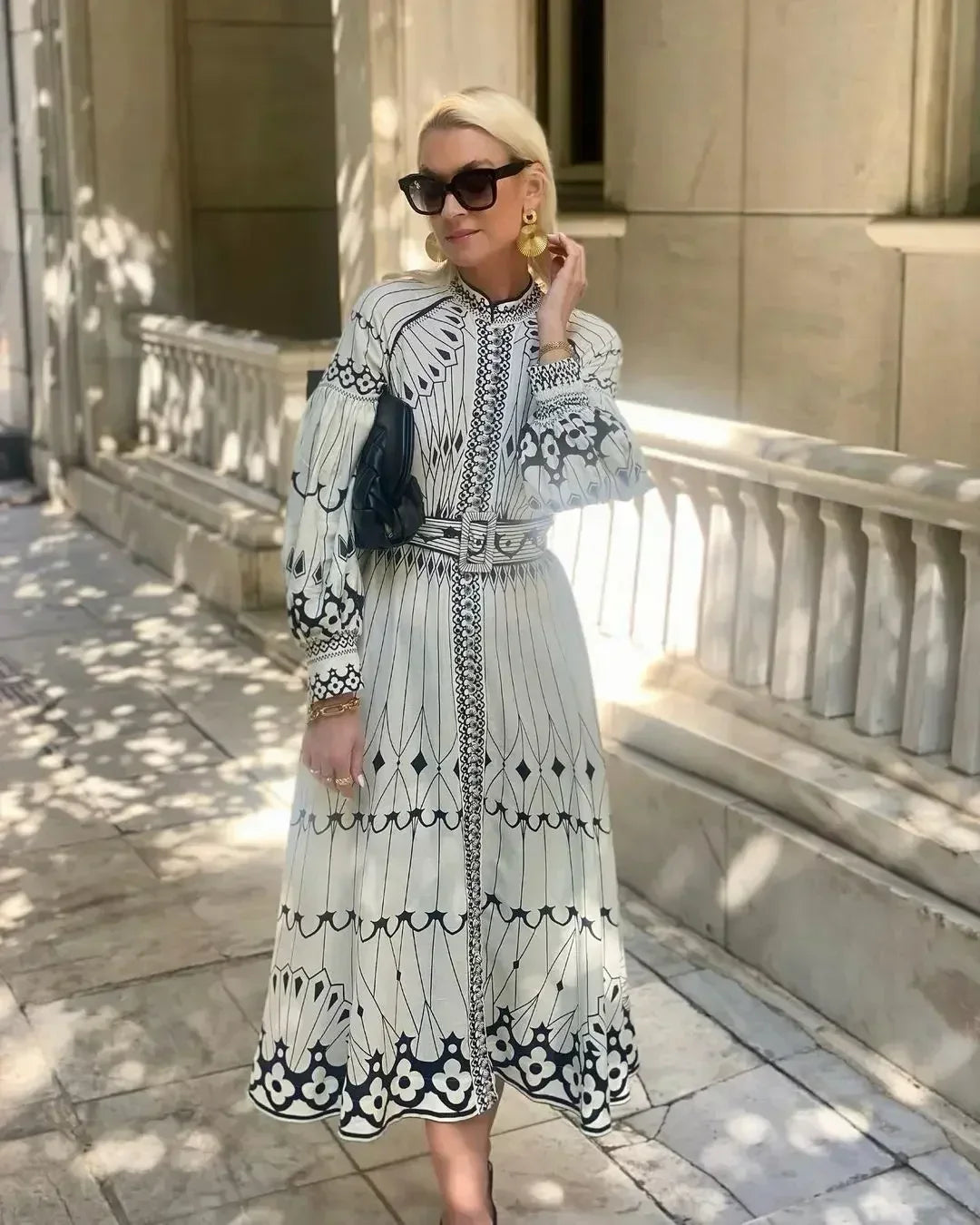 Printed Wide Sleeve With Belt Boho Dress