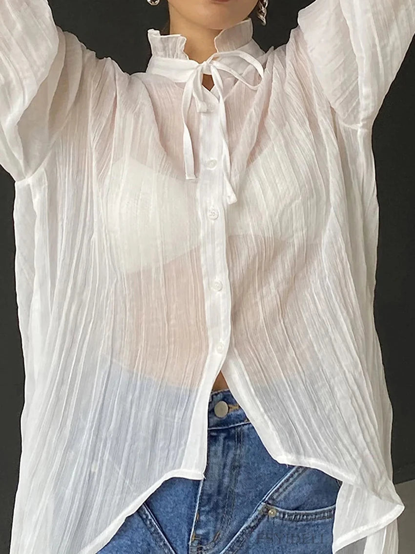 Crepe Oversized Transparent  Lace-Up Shirt