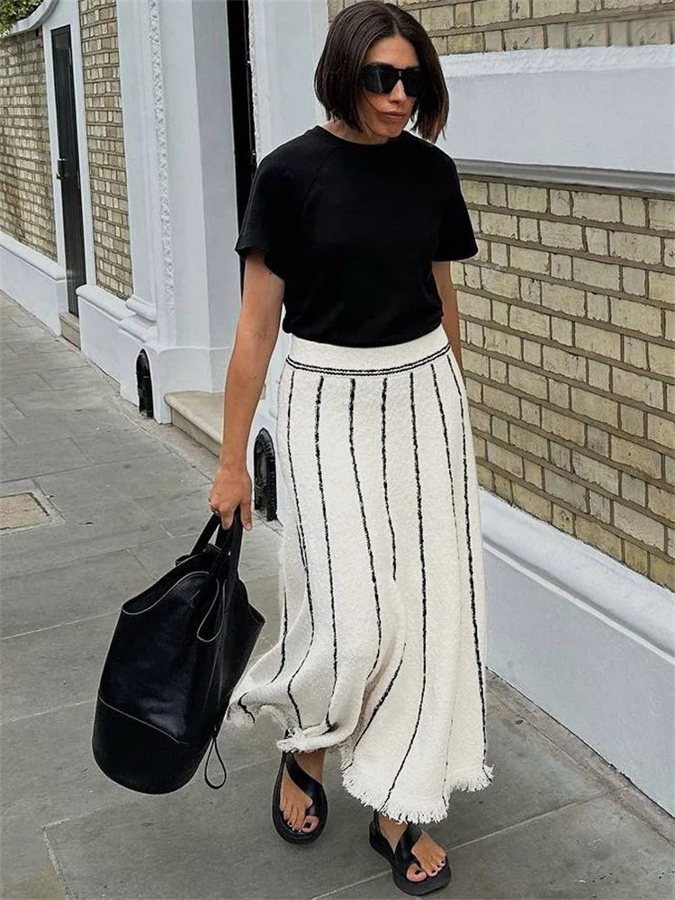 Fringed Striped Knit Long Skirt With High Waist