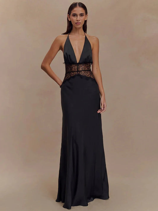 Halter Deep V Neck With Lace Backless Maxi Dress