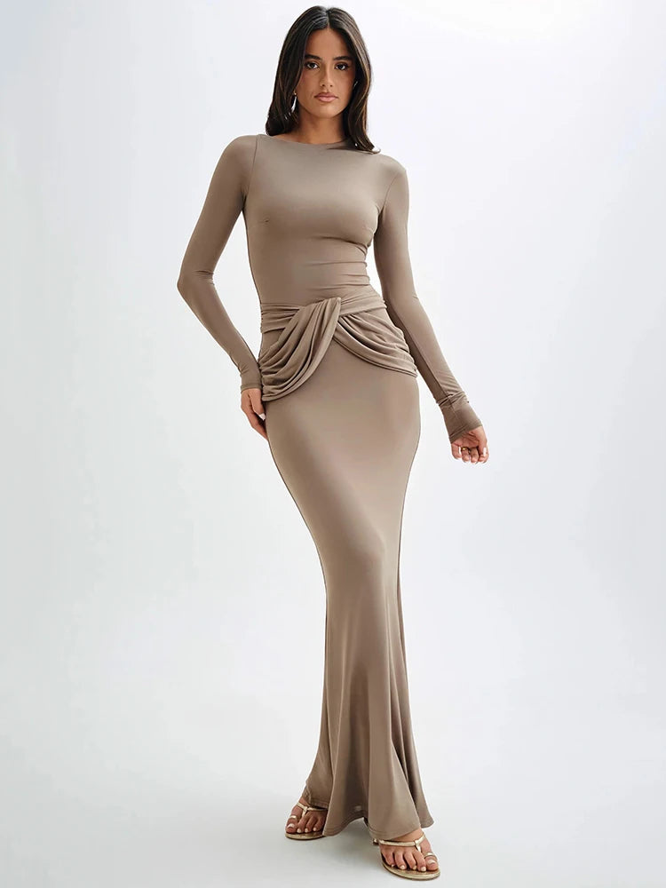 Boat Collar With Drapped Waist Long Sleeve Maxi Dress