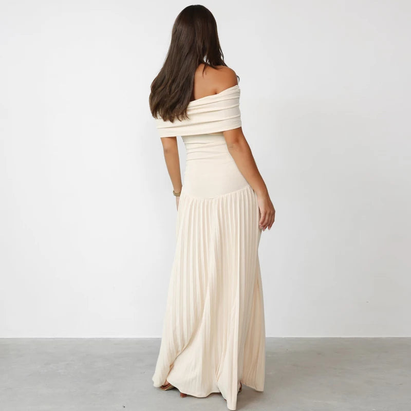 Off Shoulder Drapped Neck Pleated Maxi Dress