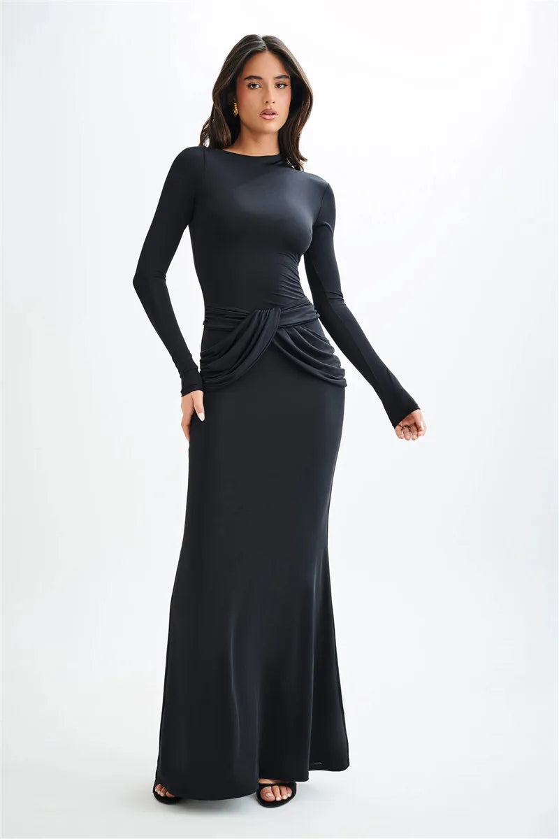 Boat Collar With Drapped Waist Long Sleeve Maxi Dress