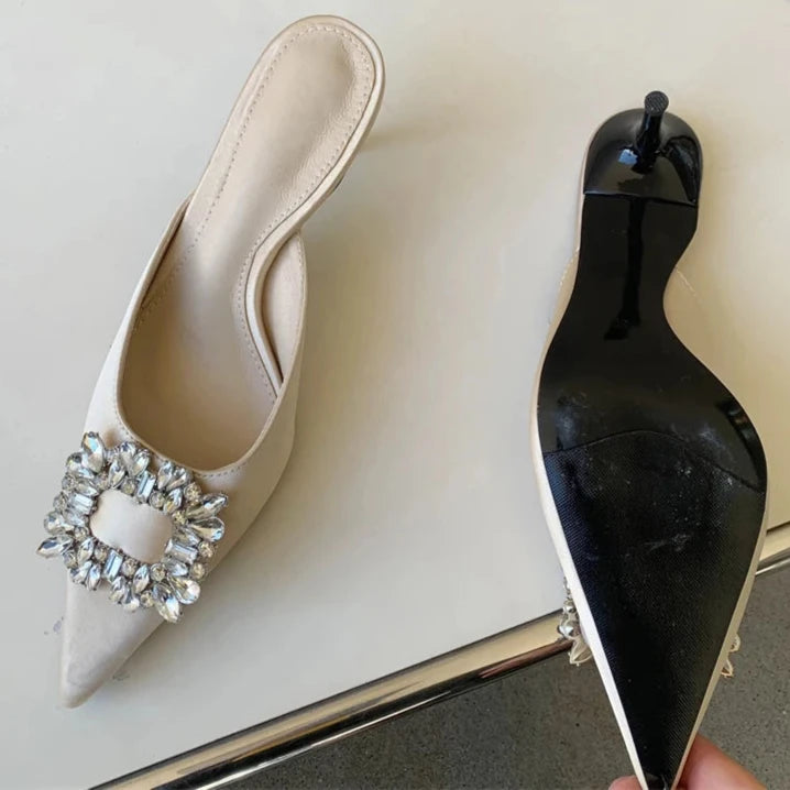 Rhinestone Crystal Silk Mules Pointed Toe High Heel