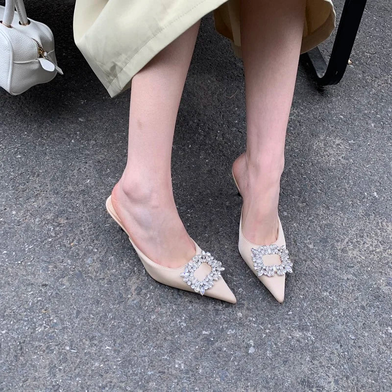 Rhinestone Crystal Silk Mules Pointed Toe High Heel