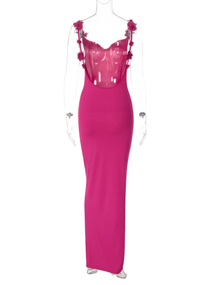 Flower Applique Spaghetti Strap Backless Maxi Dress