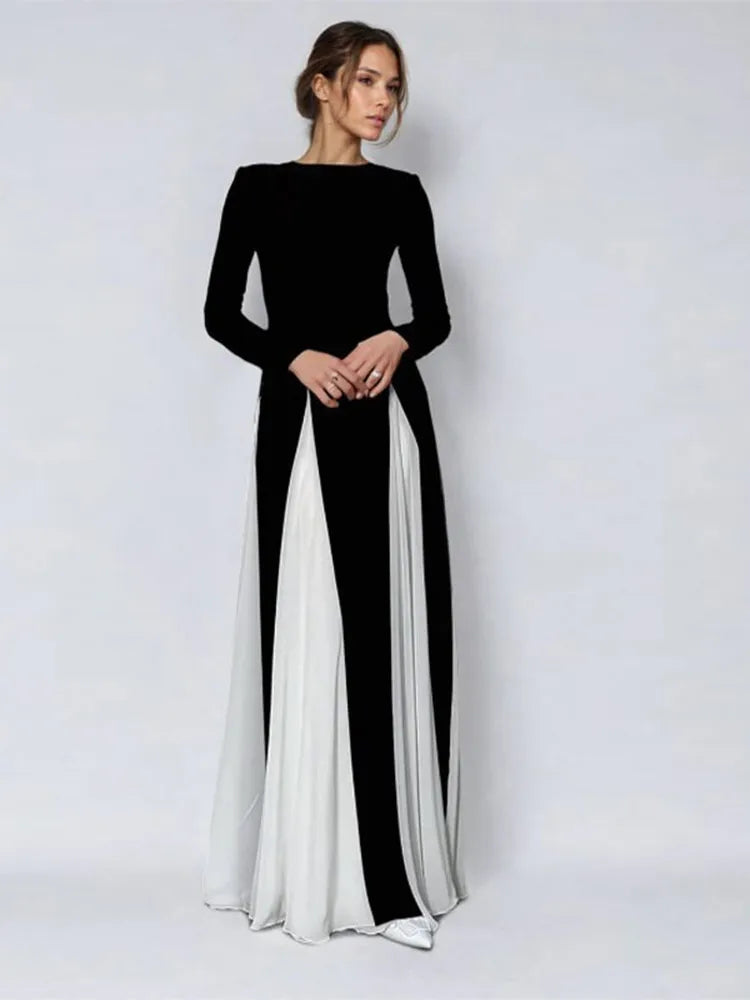 Long Sleeve Contrast Mesh A-line Maxi Dress