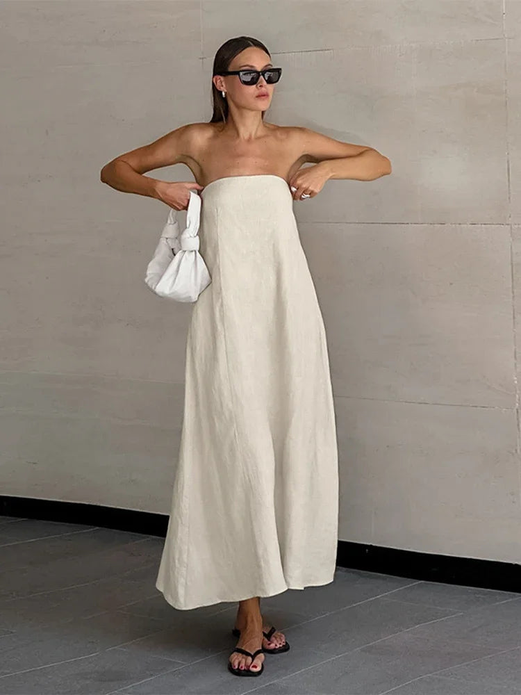 Cotton Linen Strapless Long Dress With Pockets