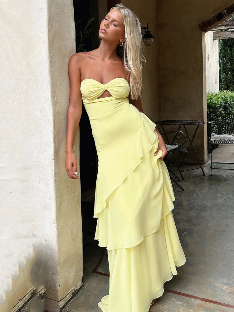 Off-shoulder Strapless Ruffled  Maxi Dress