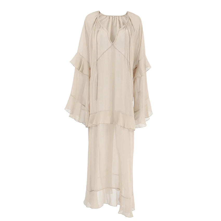 Frilled Batwing Sleeve Flowy Transparent Dress