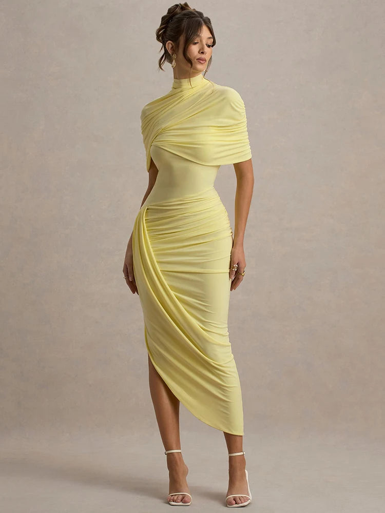 Half Sleeve Backless Ruched Midi Dress