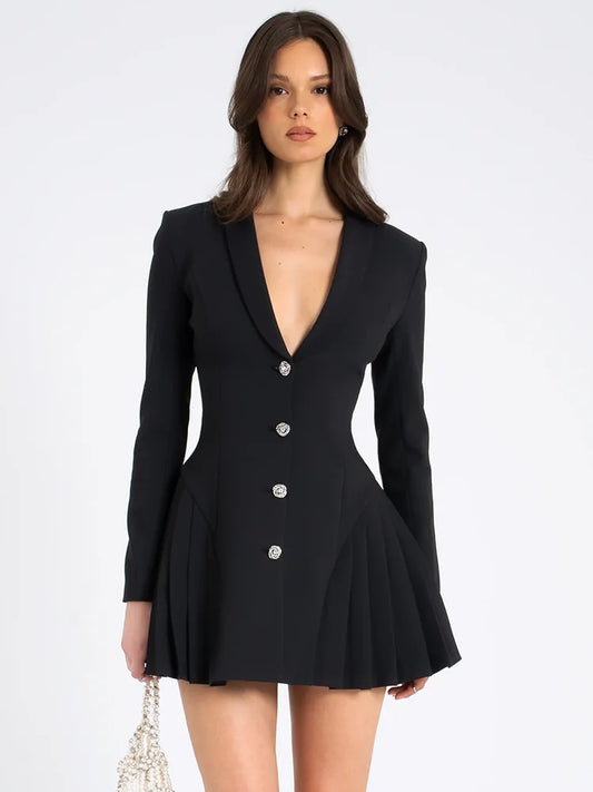 V-neck Single Breasted Pleated Women Blazer Mini Dress