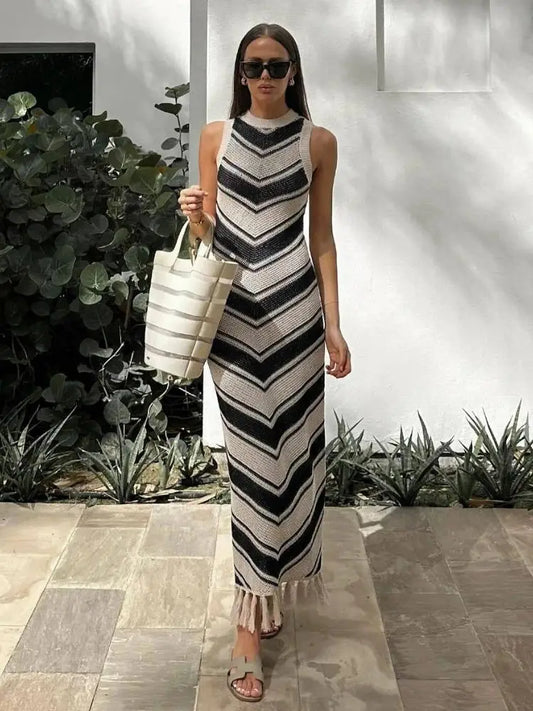 Striped Knitted Long Dress With Tassel