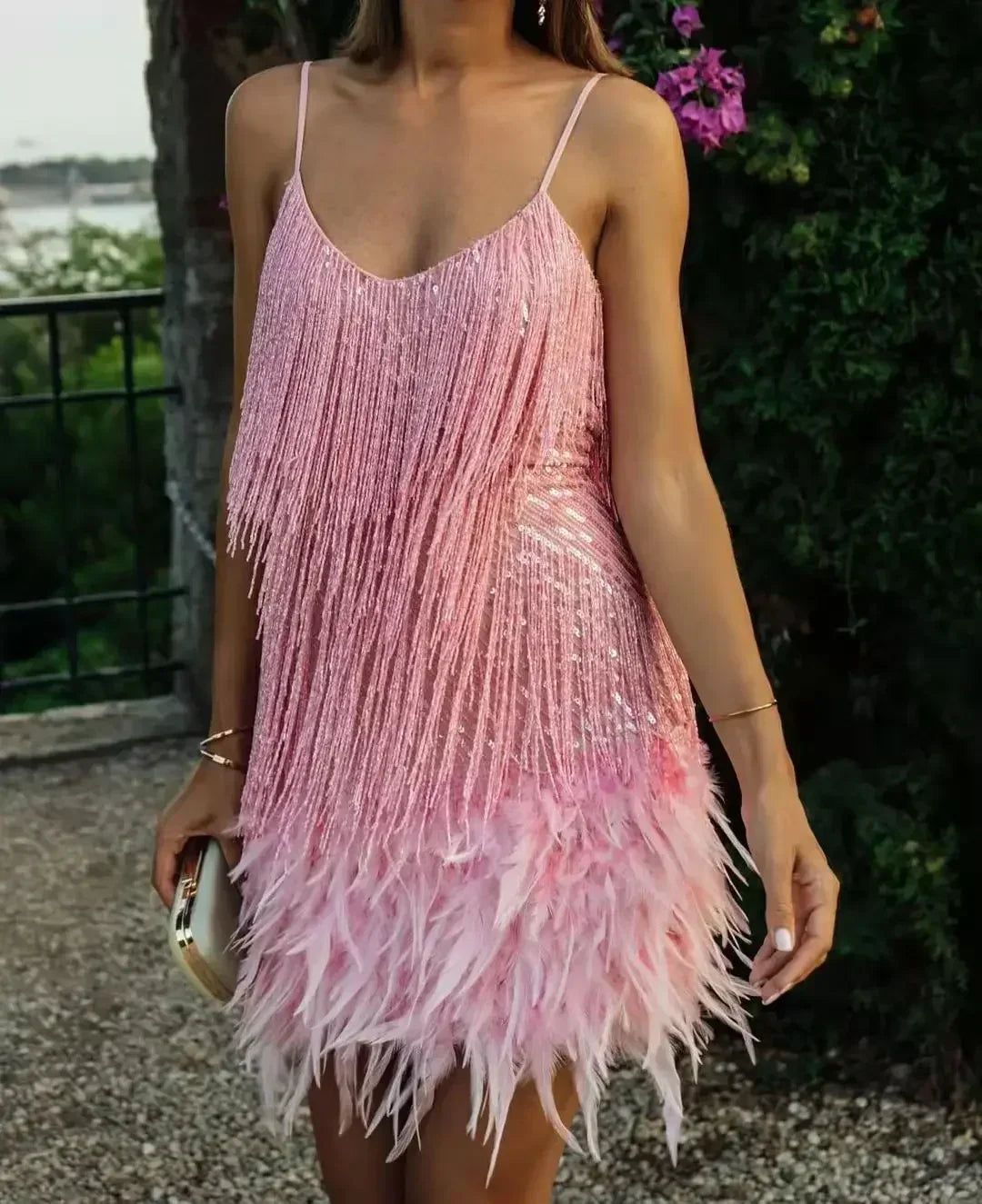 Fringe Feather Sequins Strap Mini Dress