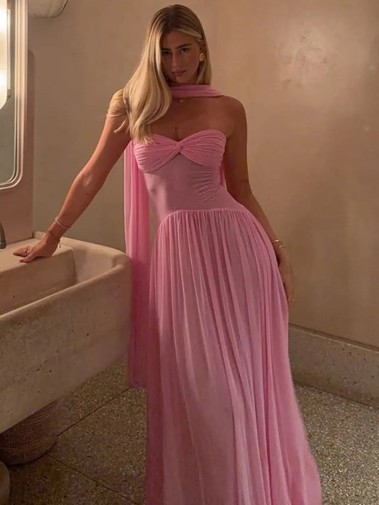 Off-shoulder Plated Mesh Long Dress