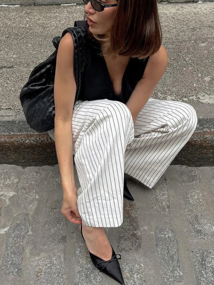 Black White stripe Wide Leg Pants