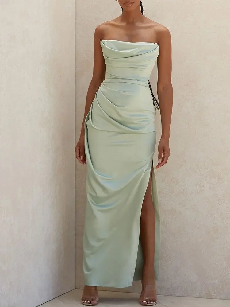 Satin Ruched Strapless Dress