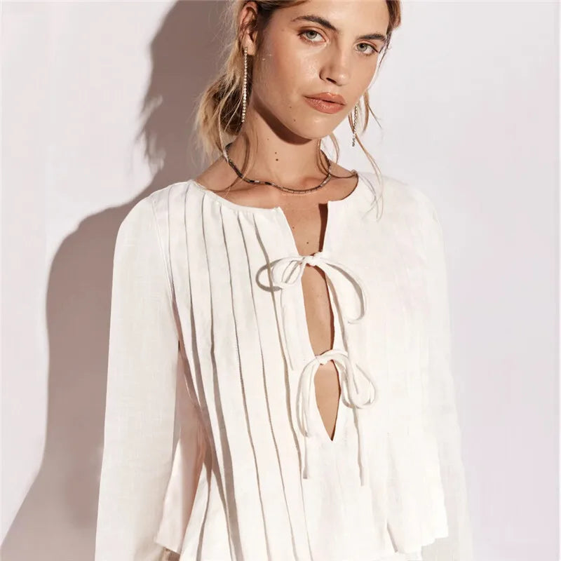 Linen Drapped Lace Up Blouse