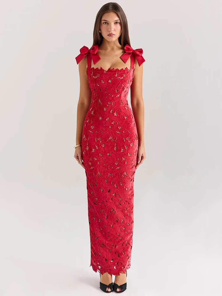 Bow Decorated Lace Maxi Dress