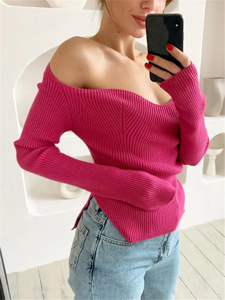 Sweetheart Neckline Long Sleeve Sweater Knit Ribbed Top