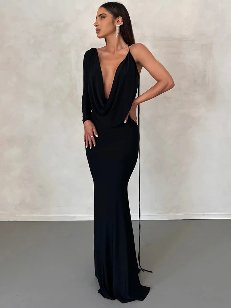 Assymmetric One-Shoulder Long Sleeve Maxi Dress