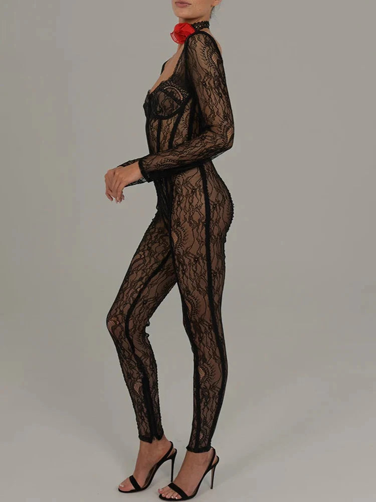 Lace Catsuit Long Sleeve Sexy Jumpsuit Square Collar