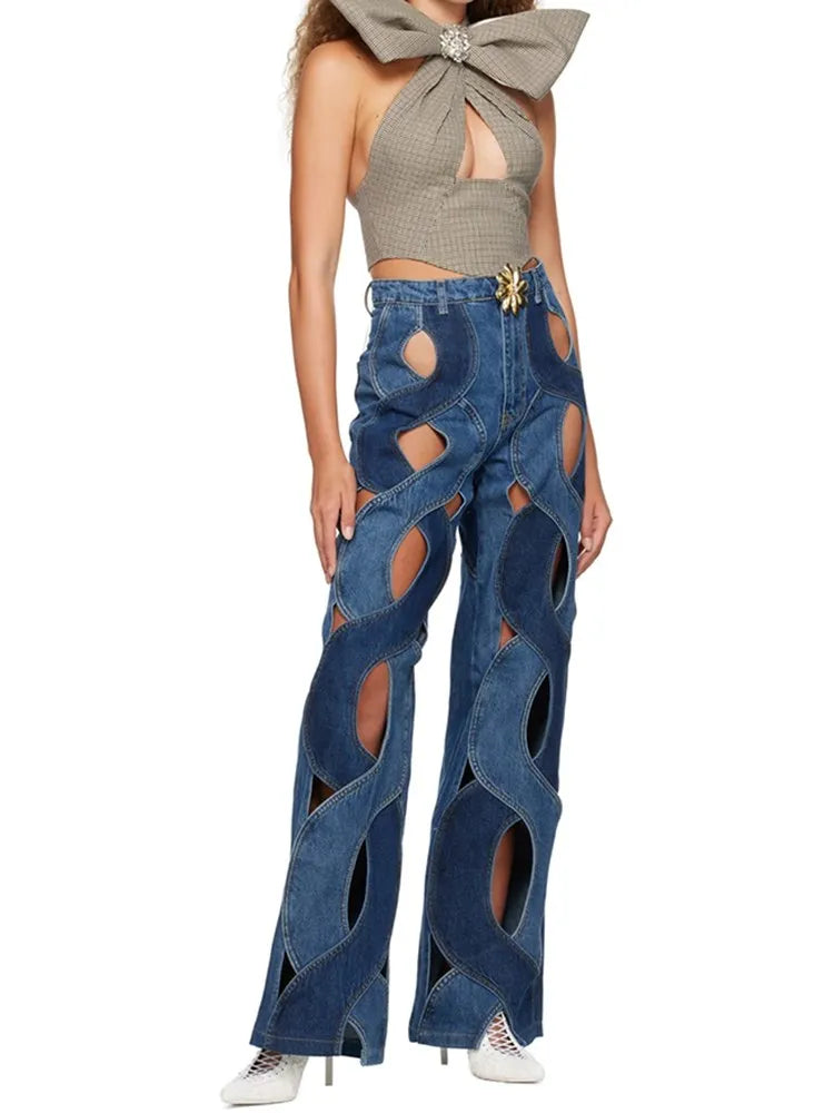 Wide Leg Cut Out Patchwork Jeans