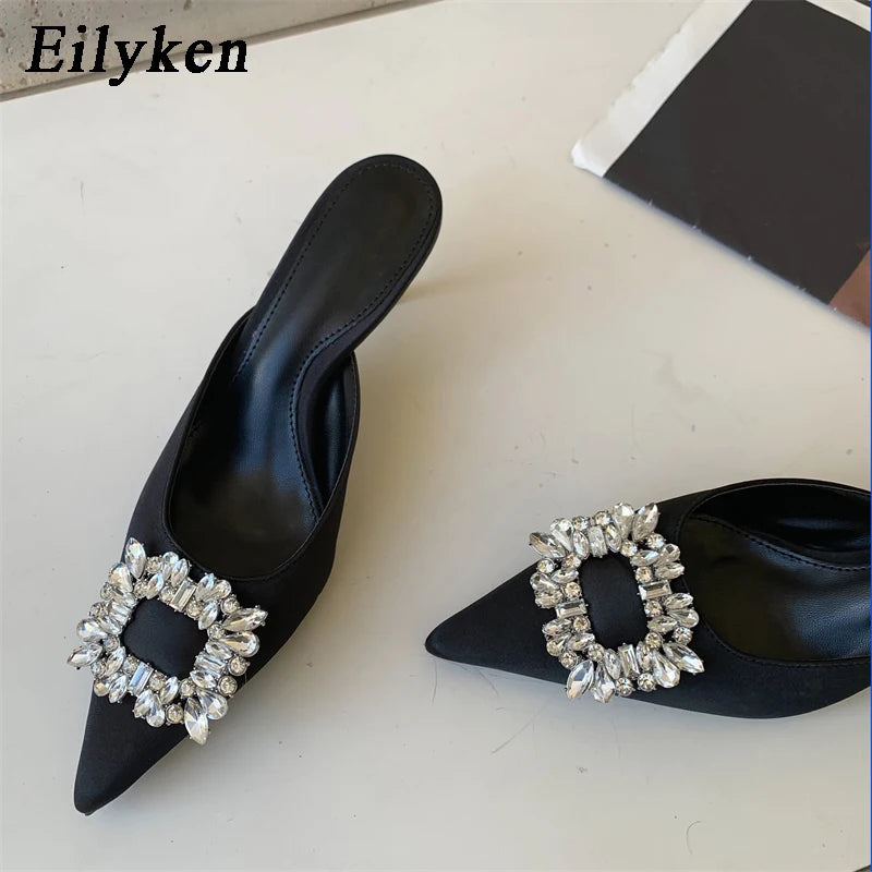 Rhinestone Crystal Silk Mules Pointed Toe High Heel