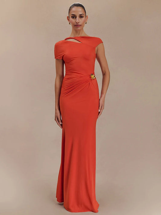 Cut Out Gold Clasp Ruched Maxi Dress
