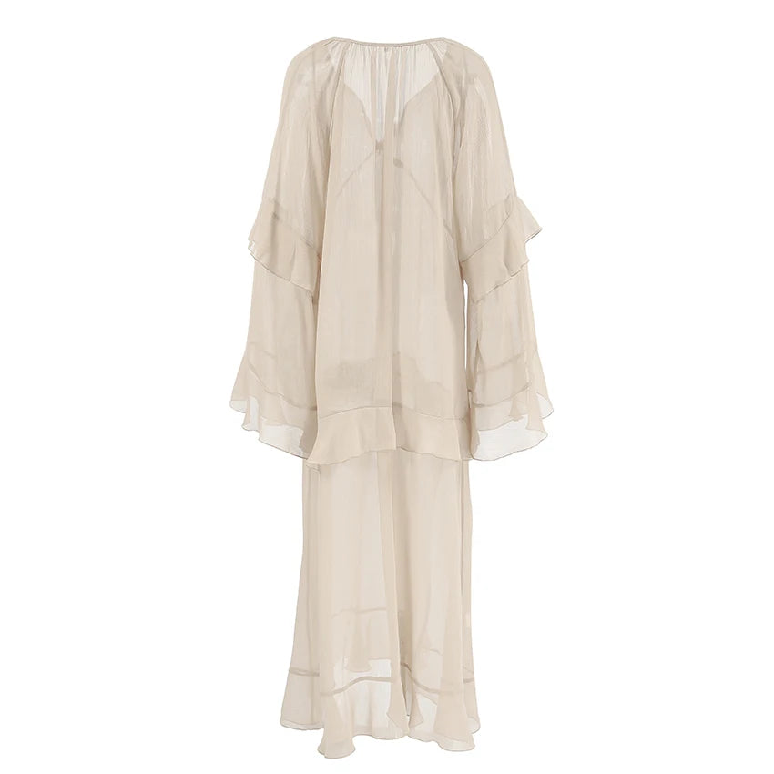 Frilled Batwing Sleeve Flowy Transparent Dress