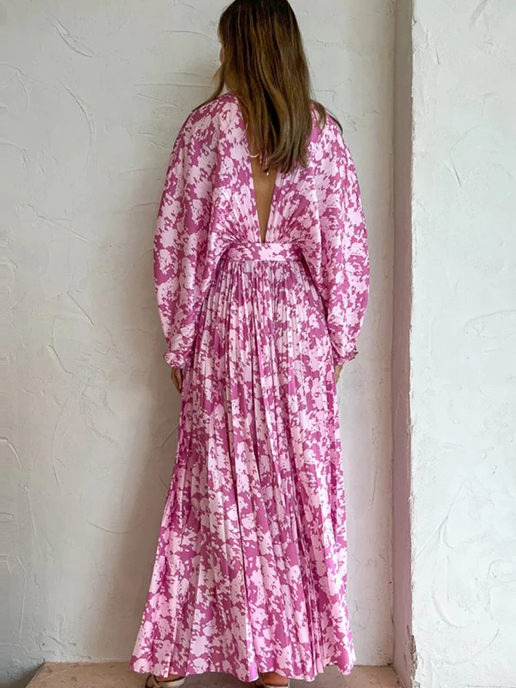 Floral Pleated Maxi Dress With Belt