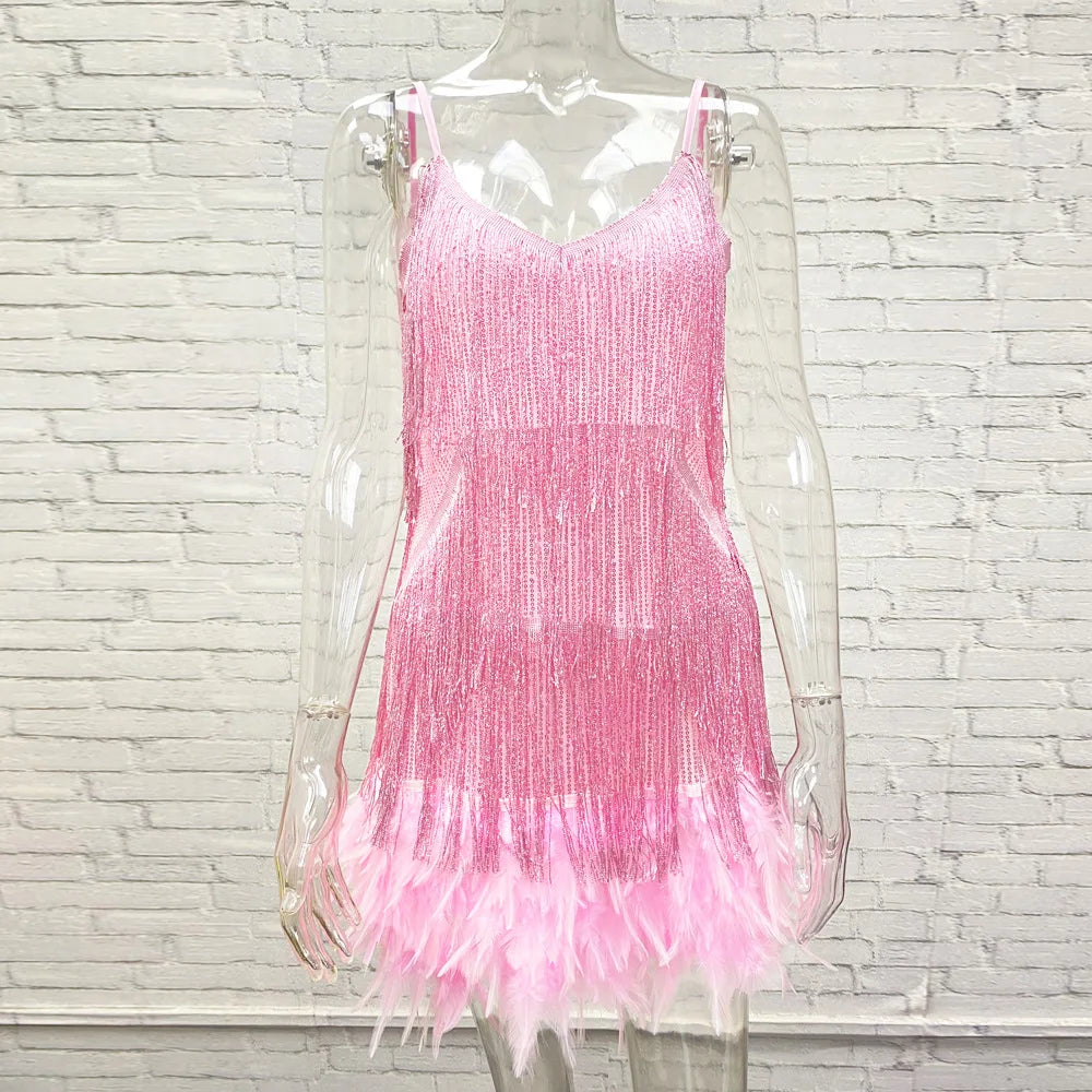 Fringe Feather Sequins Strap Mini Dress