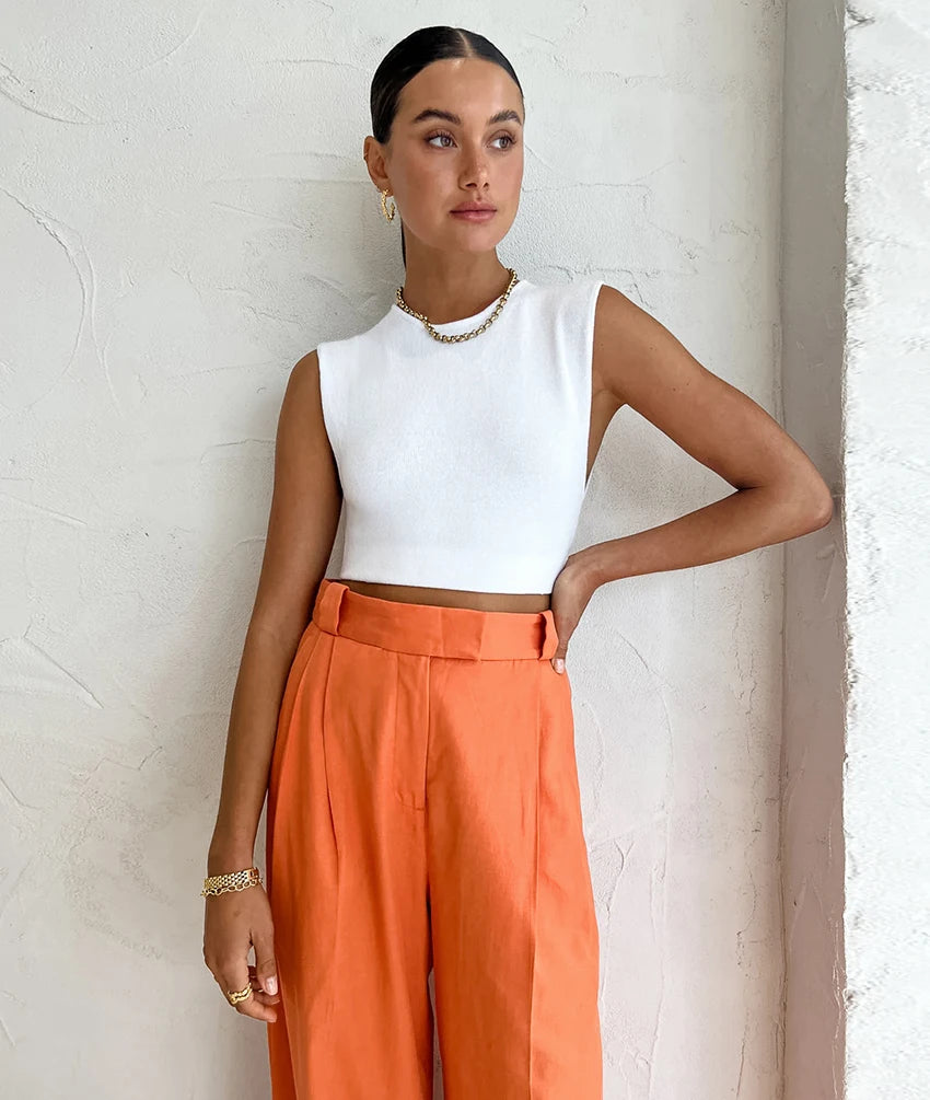 Elegant Orange High Waist Pants Pleated Wide Legs Cotton Linen